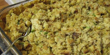 Step-by-step image guide on making herb-infused cornbread dressing, showcasing the golden-baked cornbread, fresh herbs, and the final delicious dressing ready to be served.